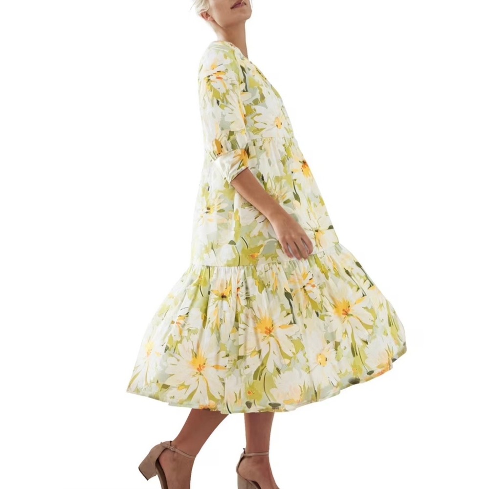 Ellos Floral Tiered XL Midi Dress Green Yellow Daisy Babydoll Cottagecore